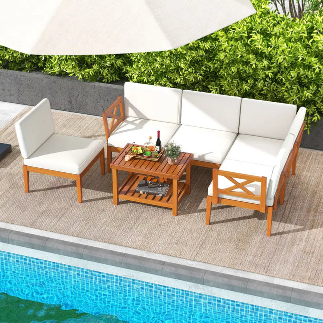 6 Pieces Acacia Wood Patio Furniture Set with Cushions and 2-Tier Coffee Table-White - White - Patio Conversation Sets