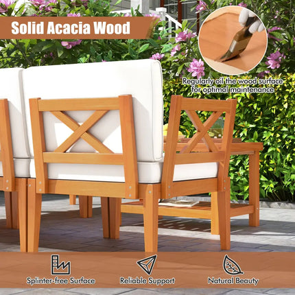 6 Pieces Acacia Wood Patio Furniture Set with Cushions and 2-Tier Coffee Table-White - White - Patio Conversation Sets