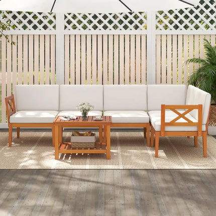 6 Pieces Acacia Wood Patio Furniture Set with Cushions and 2-Tier Coffee Table-White - White - Patio Conversation Sets