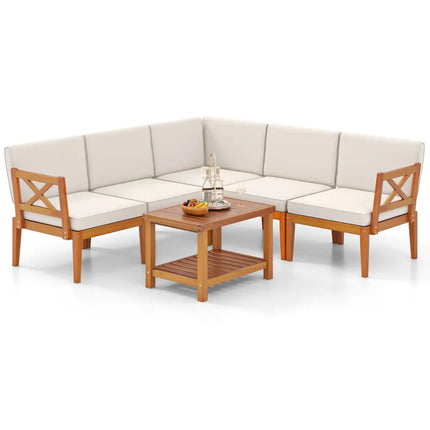 6 Pieces Acacia Wood Patio Furniture Set with Cushions and 2-Tier Coffee Table-White - White - Patio Conversation Sets
