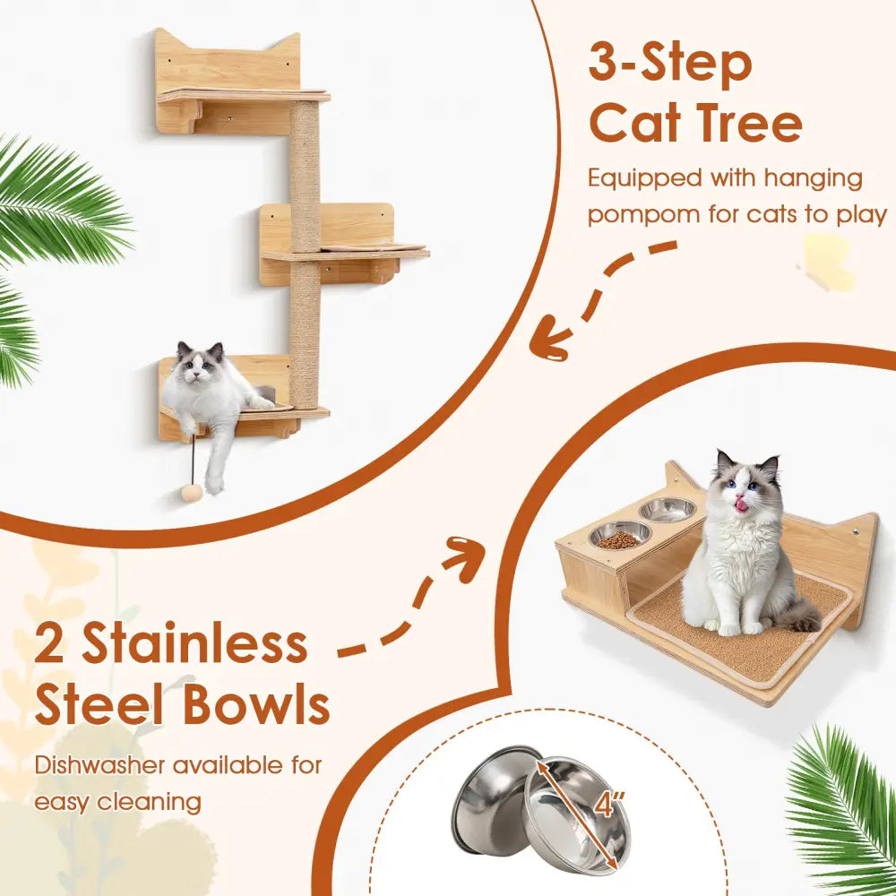 6 Pieces Cat Wall Furniture Set Kitten Wall Mounted Shelves-Natural - Natural - Cat Trees Condos & Scratchers