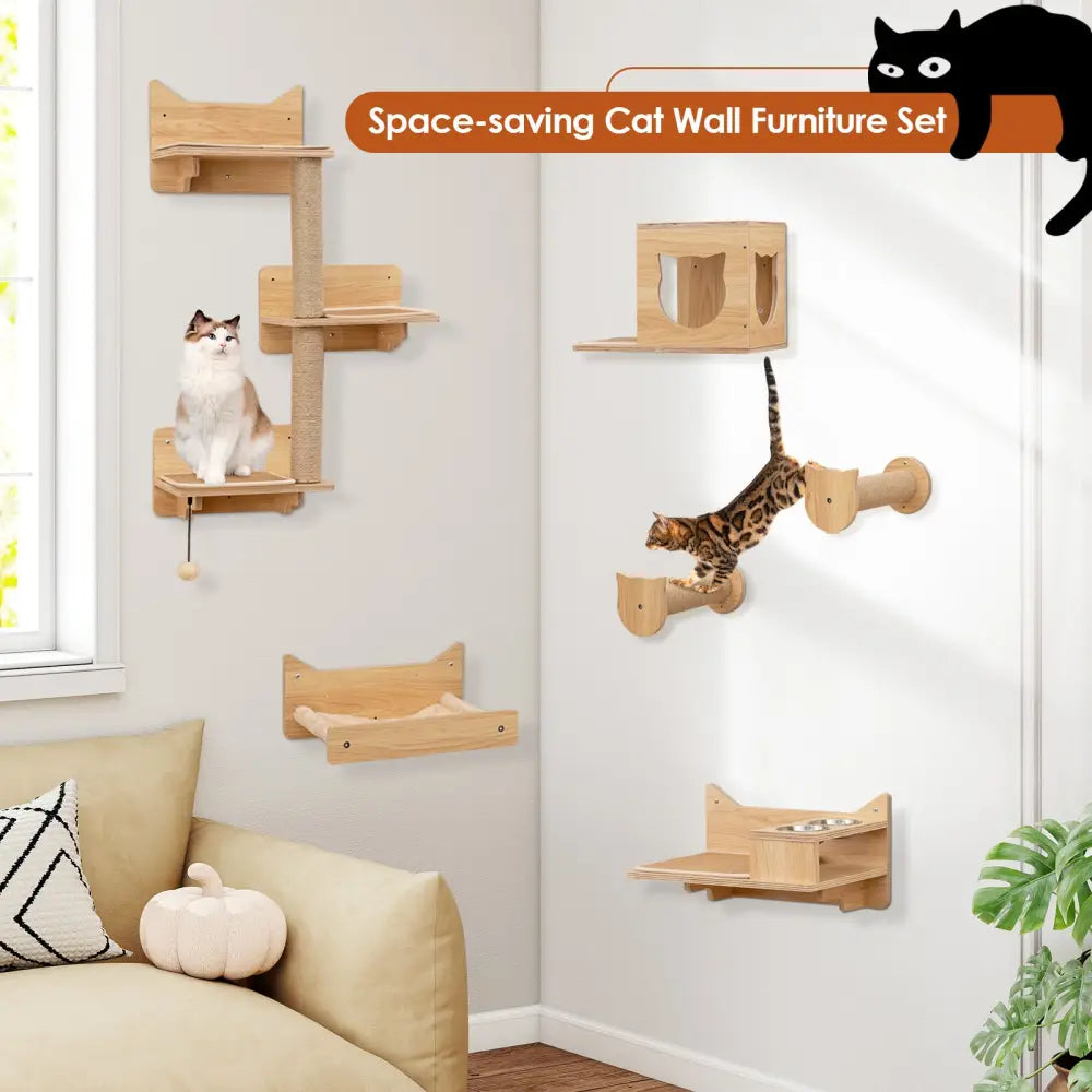 6 Pieces Cat Wall Furniture Set Kitten Wall Mounted Shelves-Natural - Natural - Cat Trees Condos & Scratchers