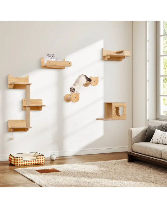 6 Pieces Cat Wall Furniture Set Kitten Wall Mounted Shelves-Natural - Natural - Cat Trees Condos & Scratchers
