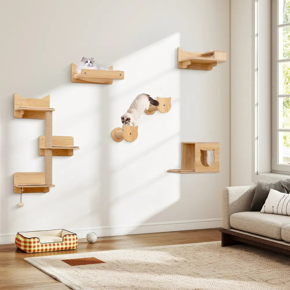 6 Pieces Cat Wall Furniture Set Kitten Wall Mounted Shelves-Natural - Natural - Cat Trees Condos & Scratchers