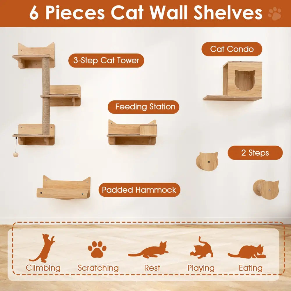 6 Pieces Cat Wall Furniture Set Kitten Wall Mounted Shelves-Natural - Natural - Cat Trees Condos & Scratchers