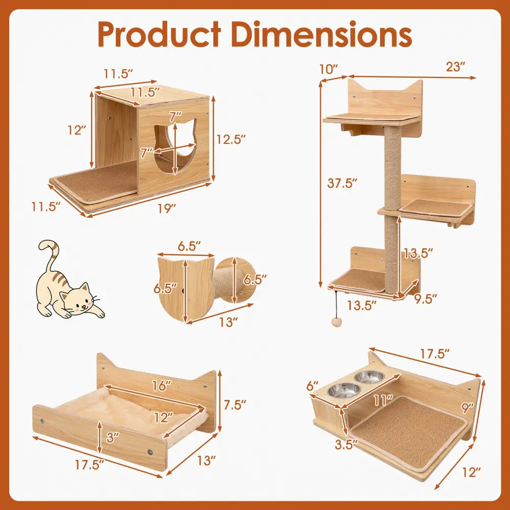 6 Pieces Cat Wall Furniture Set Kitten Wall Mounted Shelves-Natural - Natural - Cat Trees Condos & Scratchers