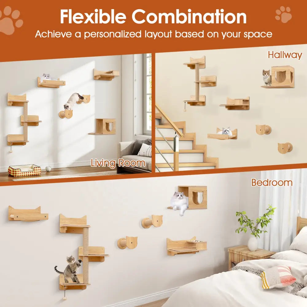 6 Pieces Cat Wall Furniture Set Kitten Wall Mounted Shelves-Natural - Natural - Cat Trees Condos & Scratchers