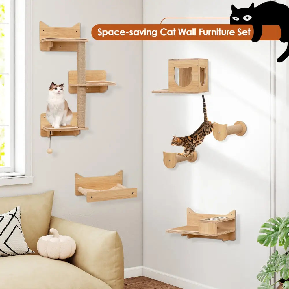 6 Pieces Cat Wall Furniture Set Kitten Wall Mounted Shelves-Natural - Natural - Cat Trees Condos & Scratchers