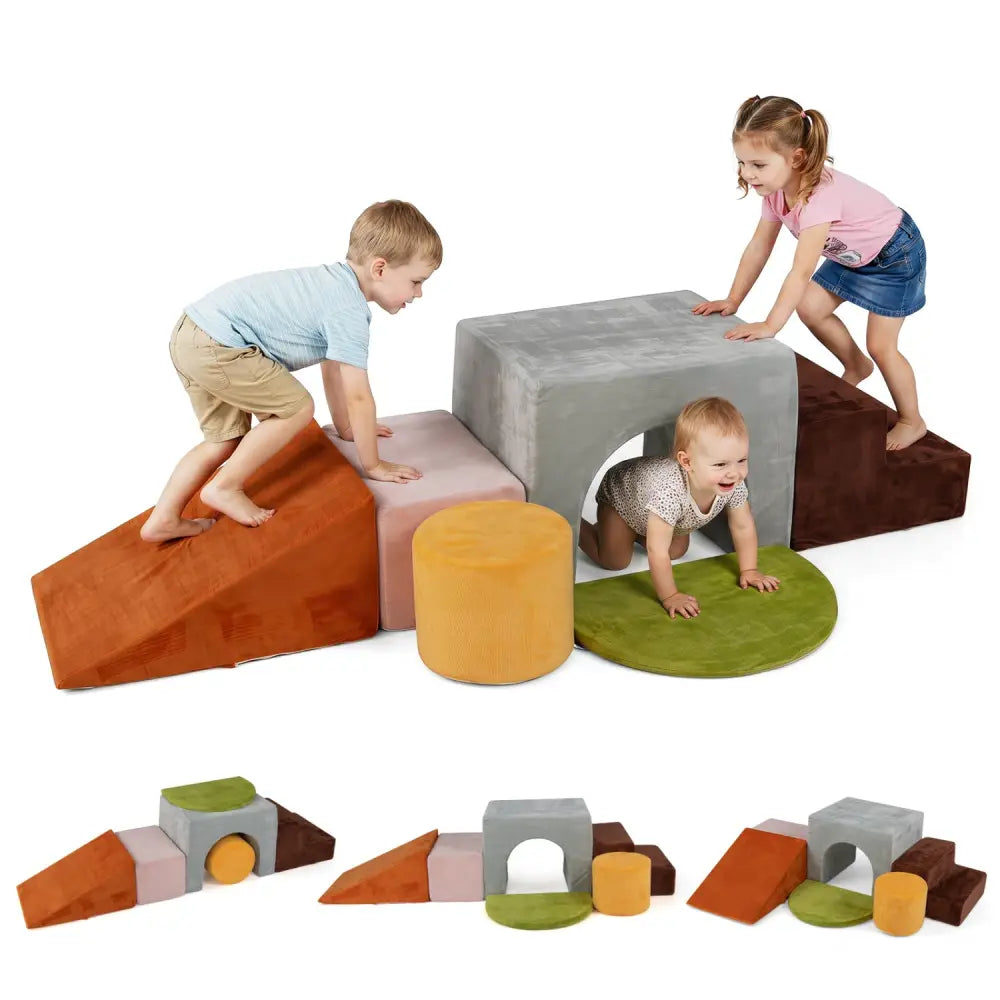 6 Pieces Foam Climbing Blocks for Kids with Slide and Tunnel-Gray - Gray - Climbers & Slides