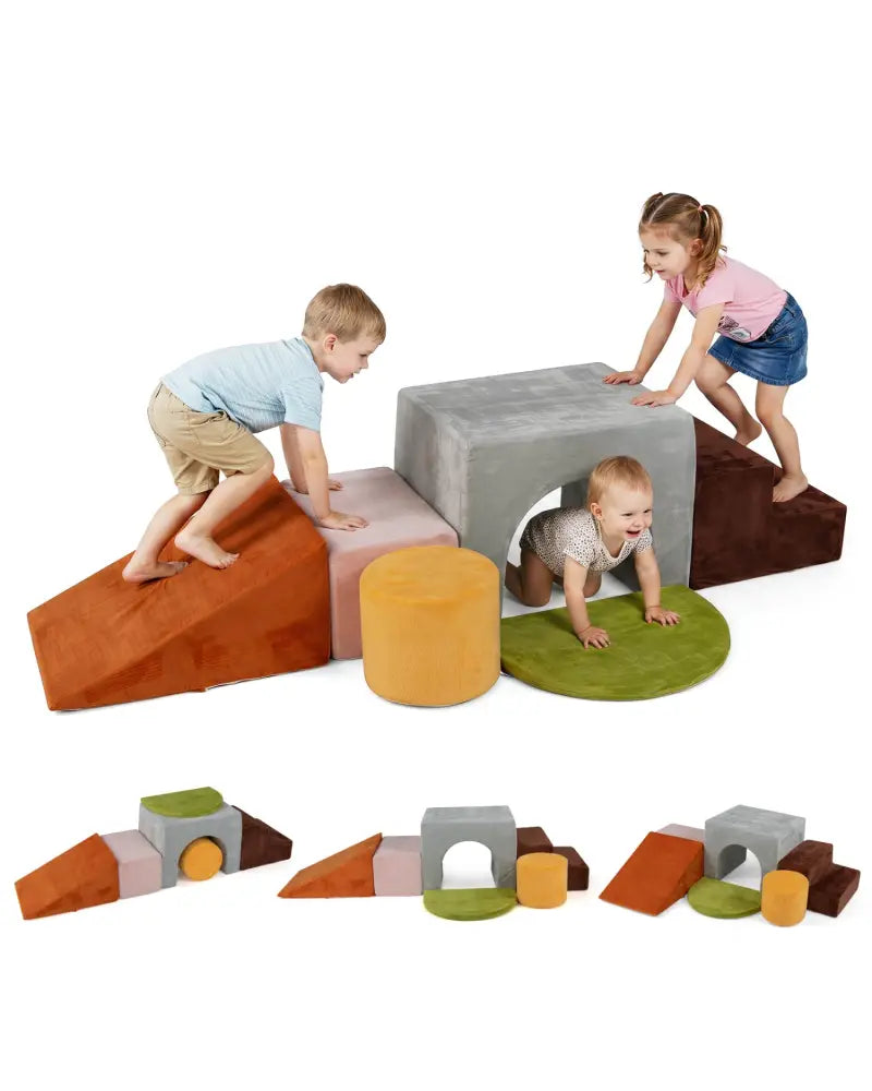 6 Pieces Foam Climbing Blocks for Kids with Slide and Tunnel-Gray - Gray - Climbers & Slides