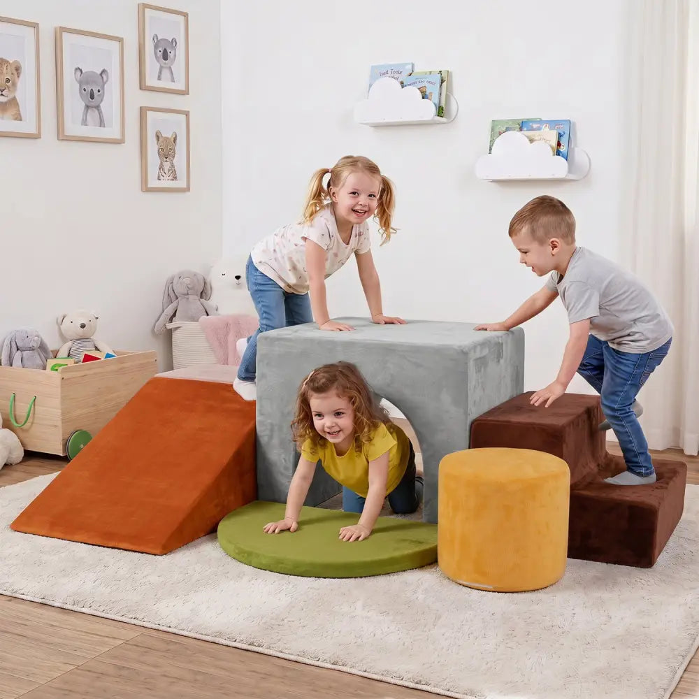 6 Pieces Foam Climbing Blocks for Kids with Slide and Tunnel-Gray - Gray - Climbers & Slides