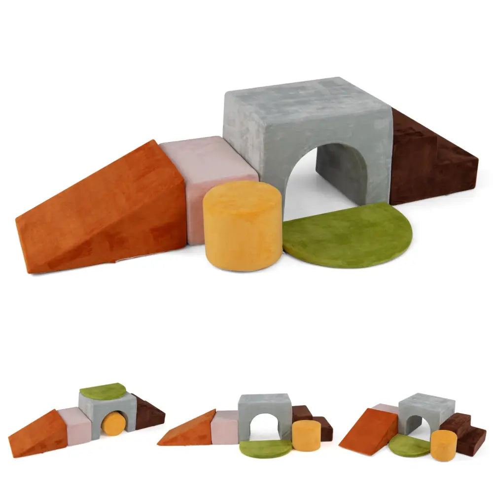 6 Pieces Foam Climbing Blocks for Kids with Slide and Tunnel-Gray - Gray - Climbers & Slides