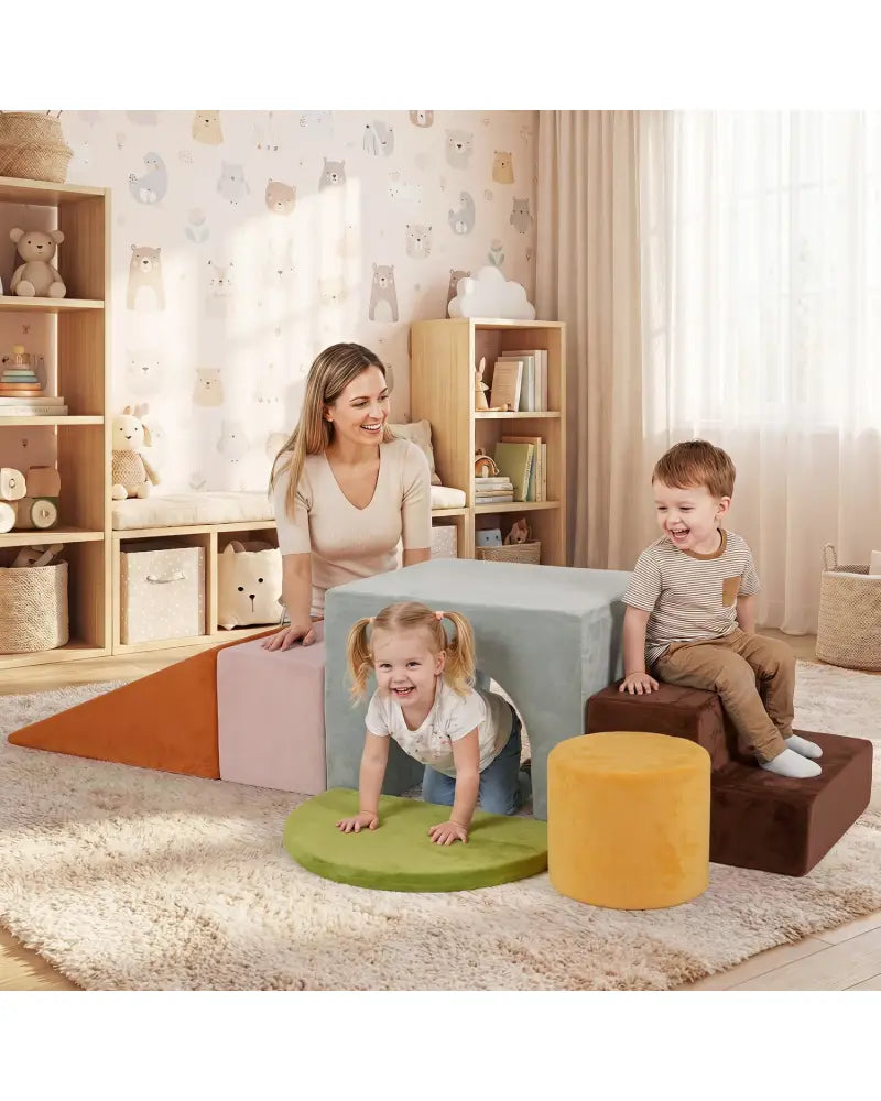6 Pieces Foam Climbing Blocks for Kids with Slide and Tunnel-Gray - Gray - Climbers & Slides