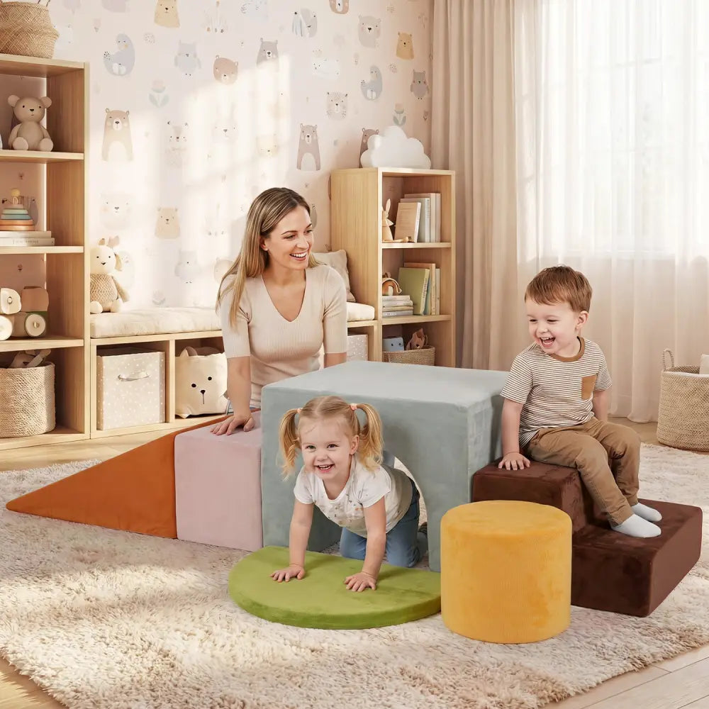 6 Pieces Foam Climbing Blocks for Kids with Slide and Tunnel-Gray - Gray - Climbers & Slides