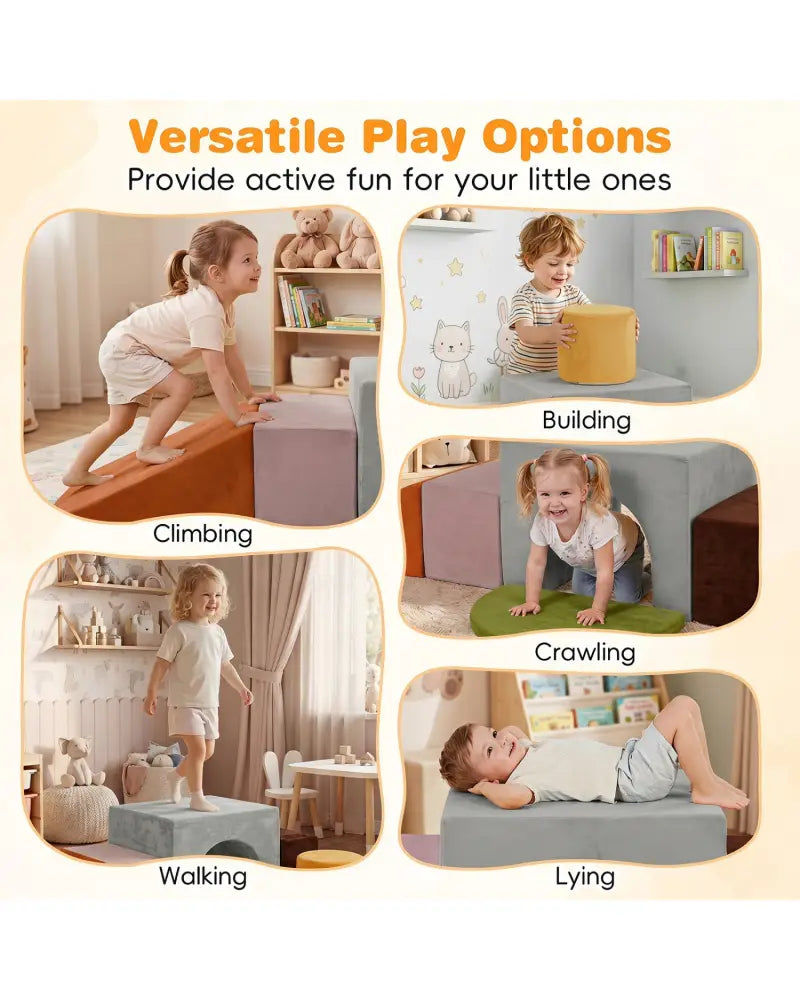 6 Pieces Foam Climbing Blocks for Kids with Slide and Tunnel-Gray - Gray - Climbers & Slides
