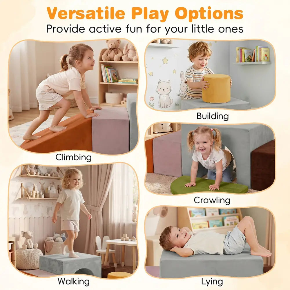 6 Pieces Foam Climbing Blocks for Kids with Slide and Tunnel-Gray - Gray - Climbers & Slides