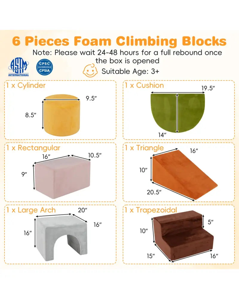 6 Pieces Foam Climbing Blocks for Kids with Slide and Tunnel-Gray - Gray - Climbers & Slides
