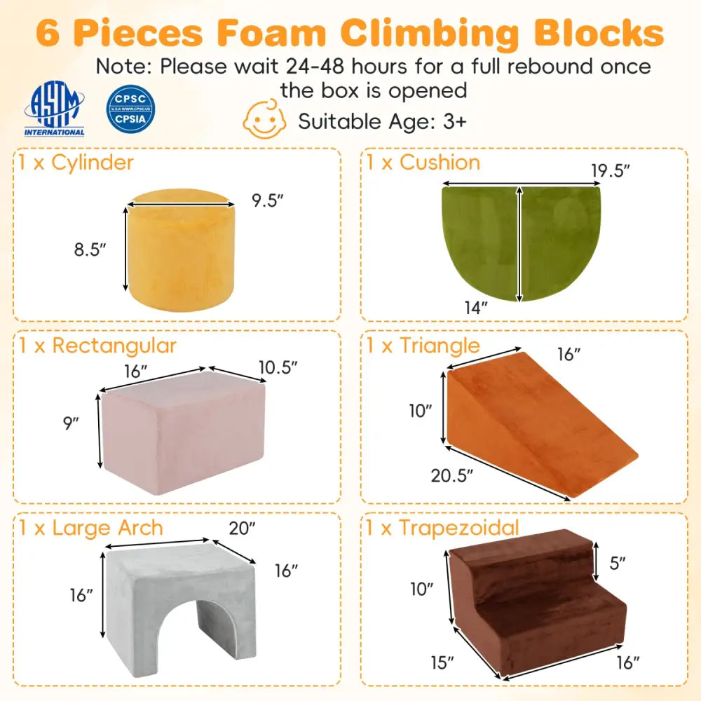 6 Pieces Foam Climbing Blocks for Kids with Slide and Tunnel-Gray - Gray - Climbers & Slides