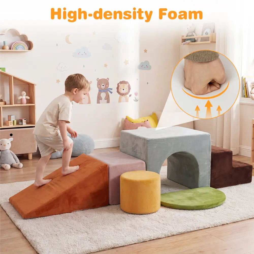 6 Pieces Foam Climbing Blocks for Kids with Slide and Tunnel-Gray - Gray - Climbers & Slides