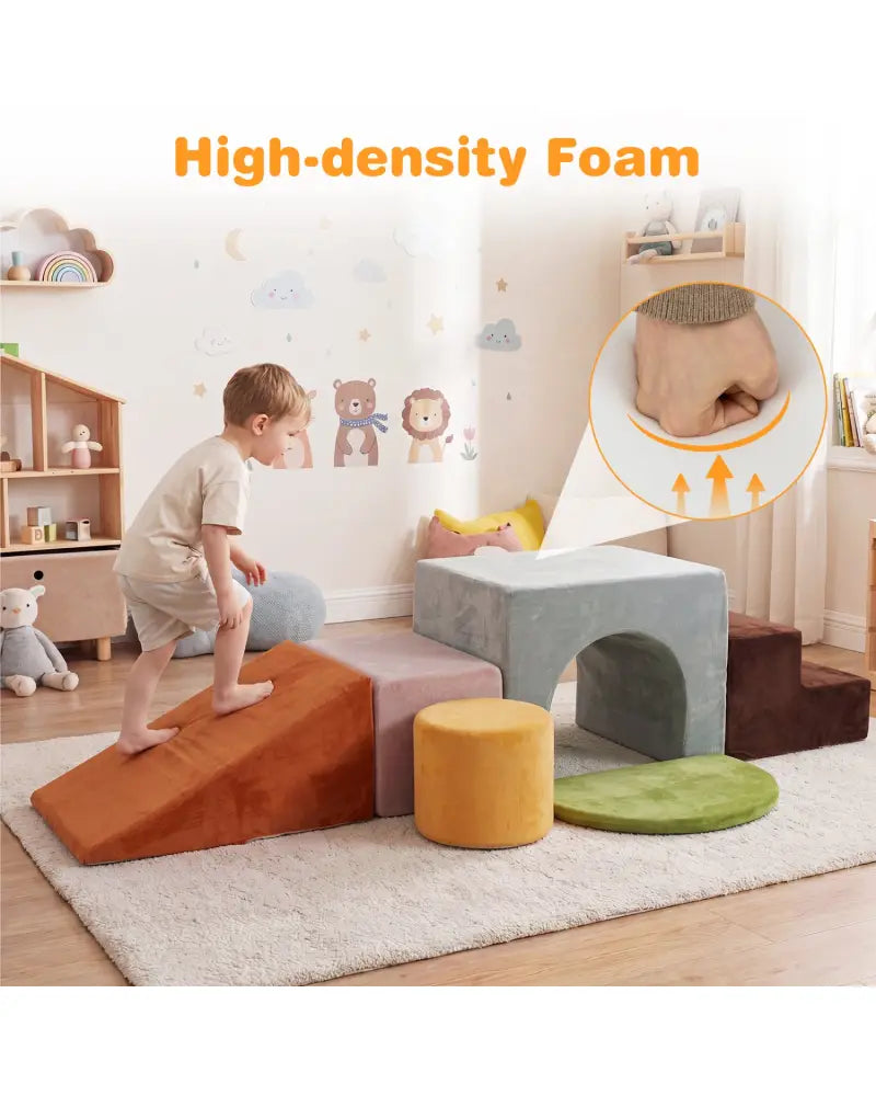 6 Pieces Foam Climbing Blocks for Kids with Slide and Tunnel-Gray - Gray - Climbers & Slides