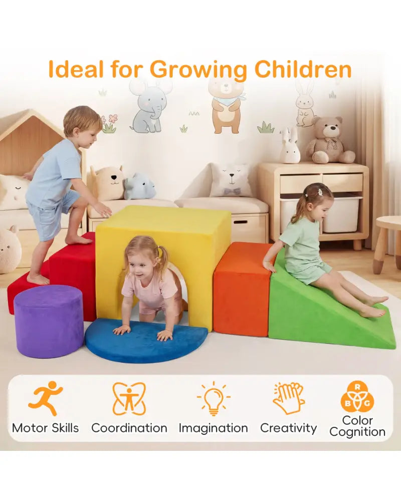 6 Pieces Foam Climbing Blocks for Kids with Slide and Tunnel-Red - Red - Climbers & Slides