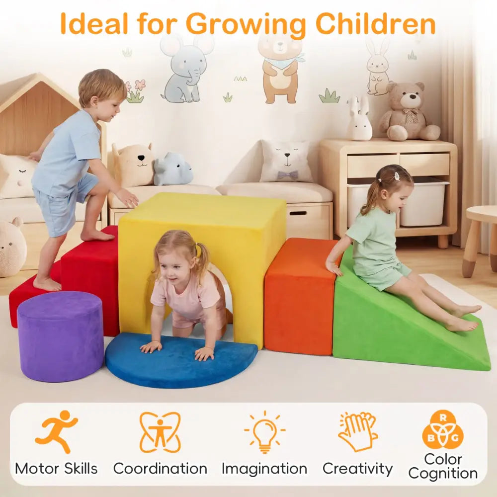 6 Pieces Foam Climbing Blocks for Kids with Slide and Tunnel-Red - Red - Climbers & Slides