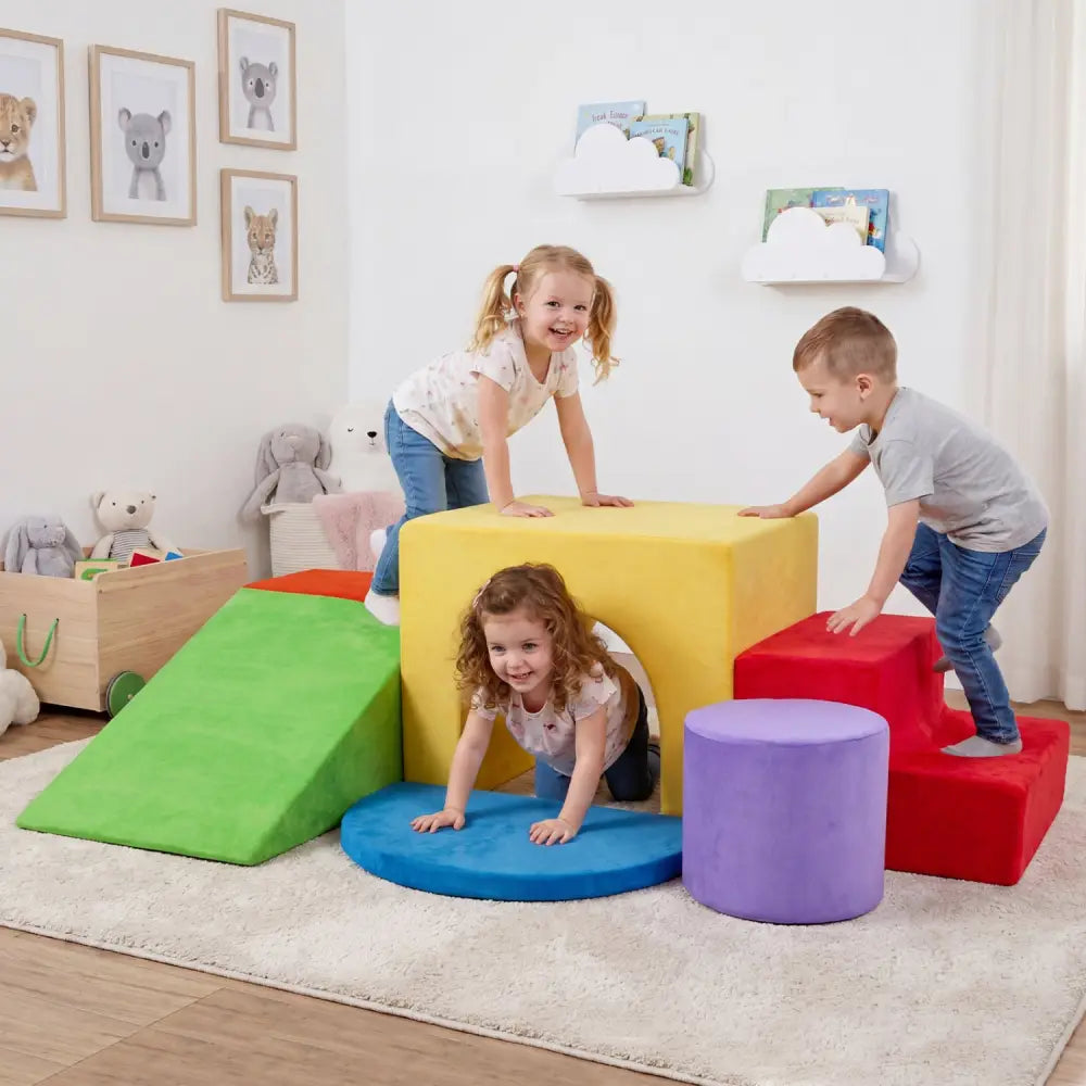6 Pieces Foam Climbing Blocks for Kids with Slide and Tunnel-Red - Red - Climbers & Slides