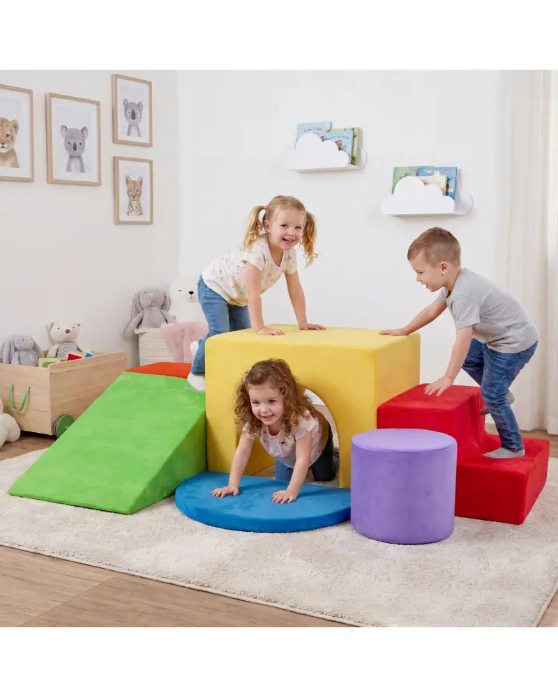 6 Pieces Foam Climbing Blocks for Kids with Slide and Tunnel-Red - Red - Climbers & Slides