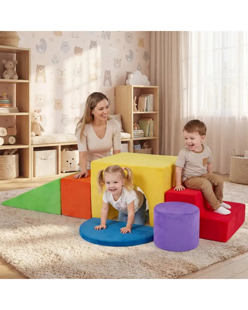 6 Pieces Foam Climbing Blocks for Kids with Slide and Tunnel-Red - Red - Climbers & Slides