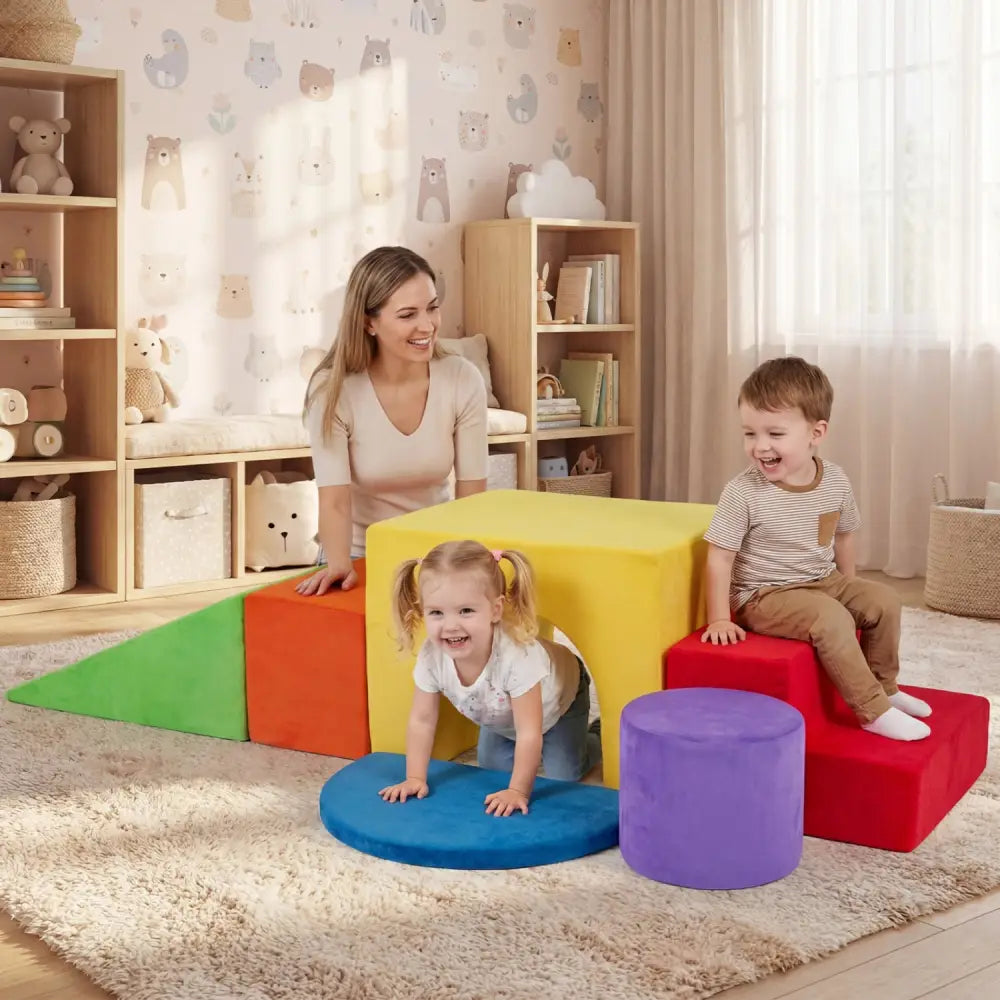 6 Pieces Foam Climbing Blocks for Kids with Slide and Tunnel-Red - Red - Climbers & Slides