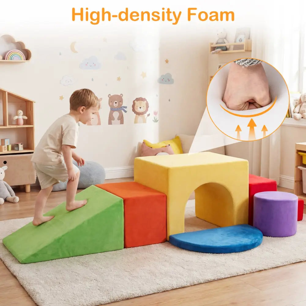 6 Pieces Foam Climbing Blocks for Kids with Slide and Tunnel-Red - Red - Climbers & Slides