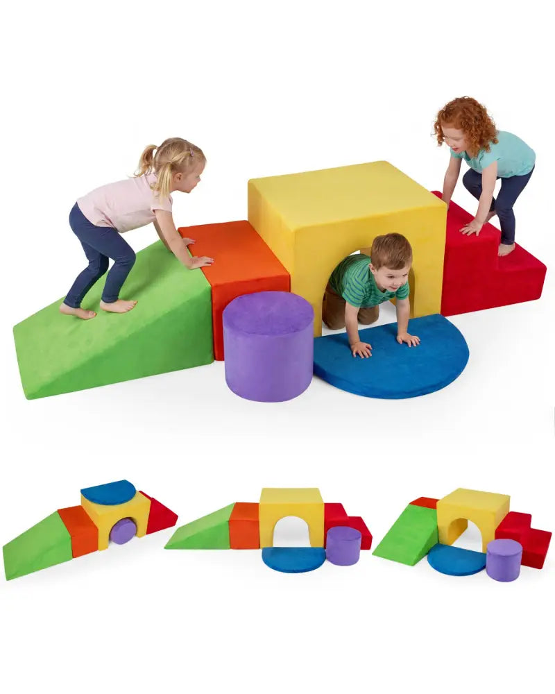 6 Pieces Foam Climbing Blocks for Kids with Slide and Tunnel-Red - Red - Climbers & Slides