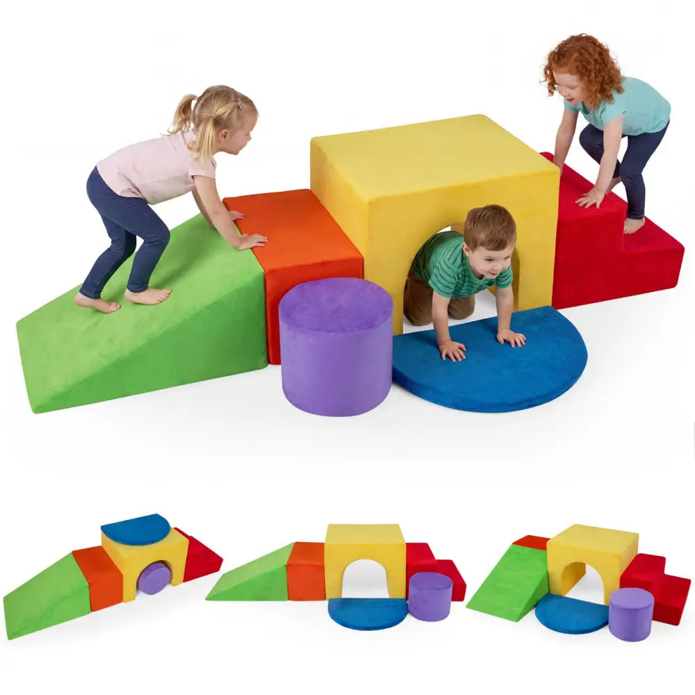 6 Pieces Foam Climbing Blocks for Kids with Slide and Tunnel-Red - Red - Climbers & Slides