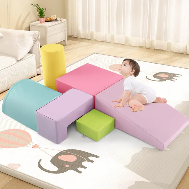 6 Pieces Foam Climbing Blocks Indoor Climb and Crawl Activity Playset with Rectangles - Macaron Multicolor - Oasis Home Essentials