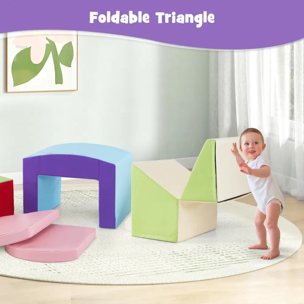 6 Pieces Foam Climbing Blocks Soft Play Climbing for Toddlers with Tunnel-Beige - Beige - Climbers & Slides