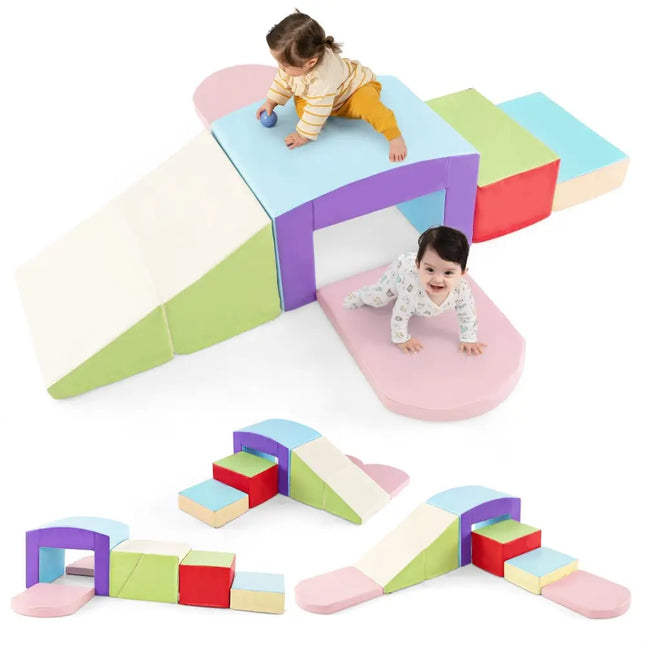 6 Pieces Foam Climbing Blocks Soft Play Climbing for Toddlers with Tunnel - Beige - Oasis Home Essentials