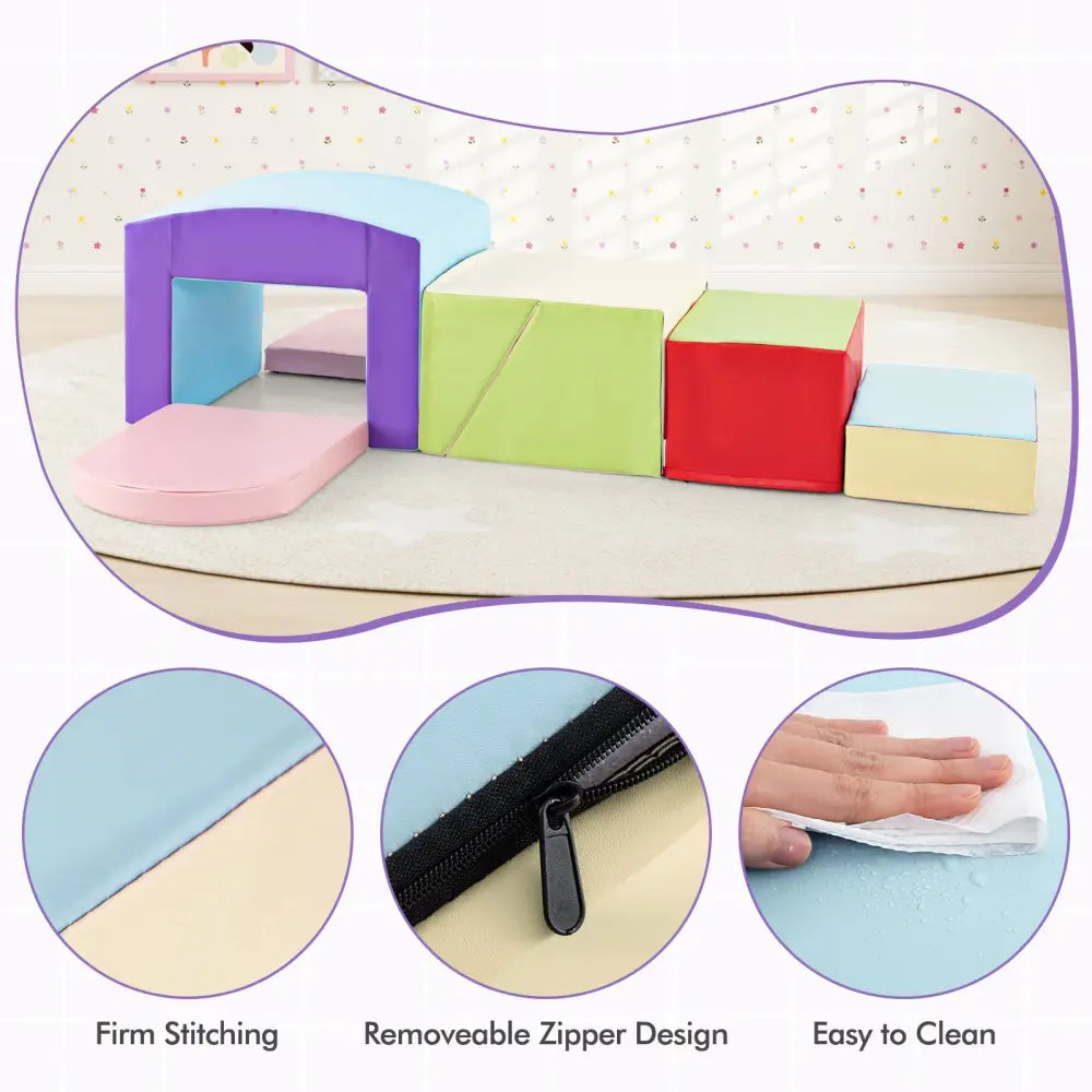 6 Pieces Foam Climbing Blocks Soft Play Climbing for Toddlers with Tunnel-Beige - Beige - Climbers & Slides