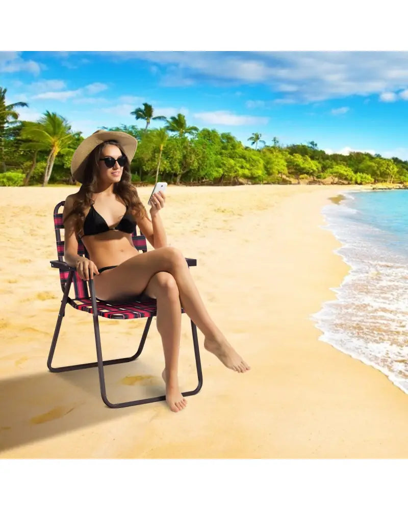 6 Pieces Folding Beach Chair Camping Lawn Webbing Chair-Red - Red - Beach & Lawn Chairs