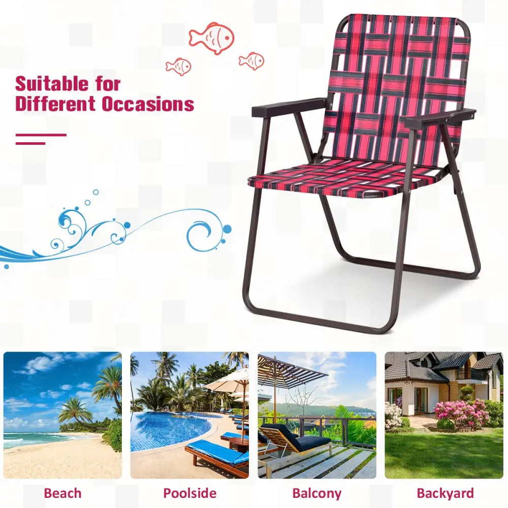 6 Pieces Folding Beach Chair Camping Lawn Webbing Chair-Red - Red - Beach & Lawn Chairs