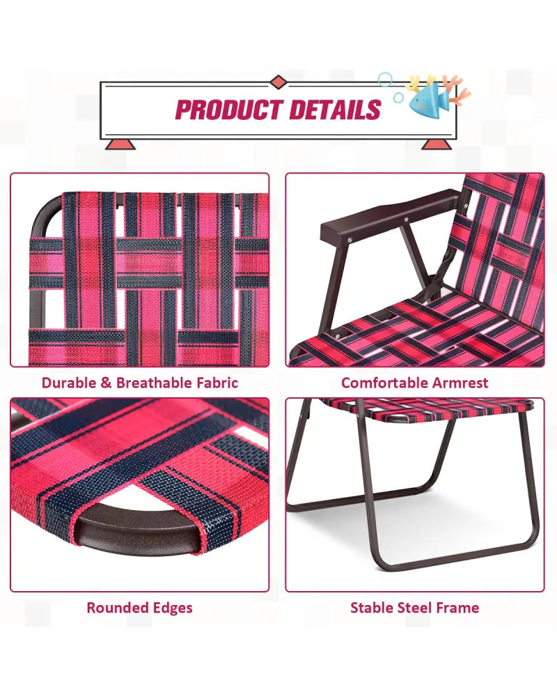 6 Pieces Folding Beach Chair Camping Lawn Webbing Chair-Red - Red - Beach & Lawn Chairs