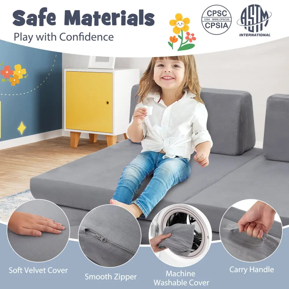 6 Pieces Modular Kids Play Couch Set with Washable Covers for Living Room Playroom-Gray - Gray - Kids Chairs & Seating