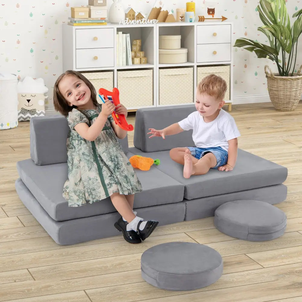 6 Pieces Modular Kids Play Couch Set with Washable Covers for Living Room Playroom-Gray - Gray - Kids Chairs & Seating