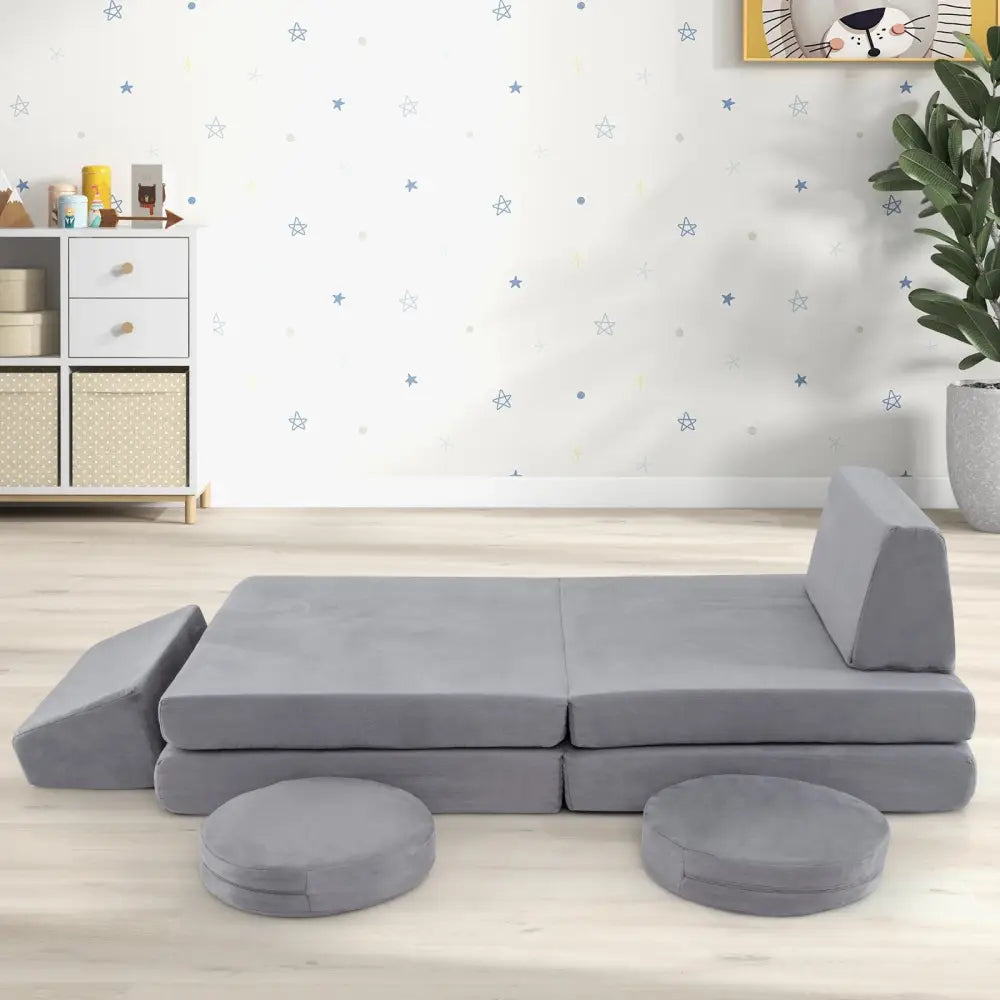 6 Pieces Modular Kids Play Couch Set with Washable Covers for Living Room Playroom-Gray - Gray - Kids Chairs & Seating
