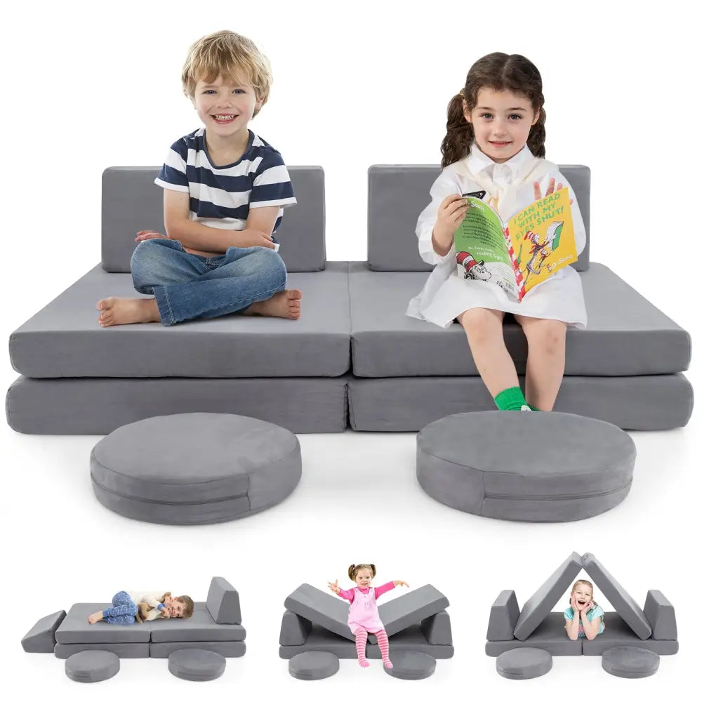 6 Pieces Modular Kids Play Couch Set with Washable Covers for Living Room Playroom-Gray - Gray - Kids Chairs & Seating