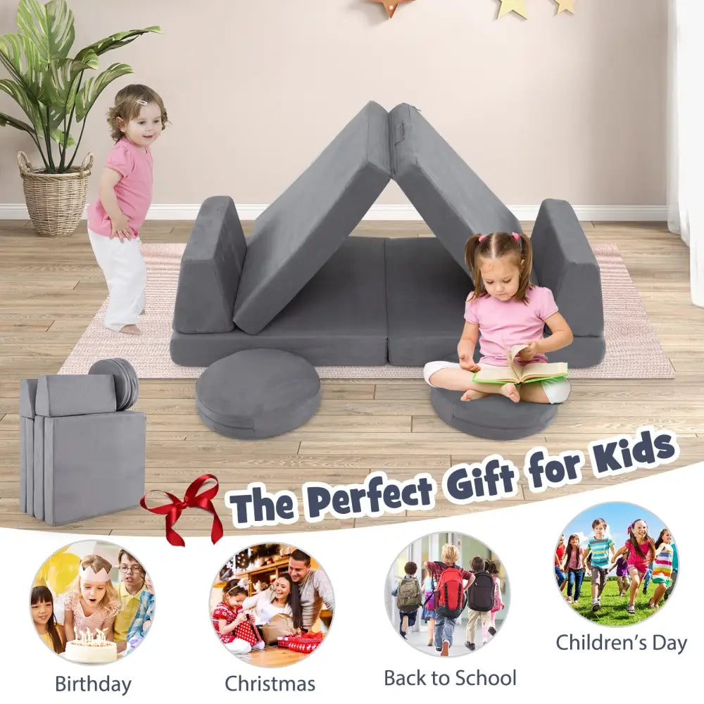 6 Pieces Modular Kids Play Couch Set with Washable Covers for Living Room Playroom-Gray - Gray - Kids Chairs & Seating