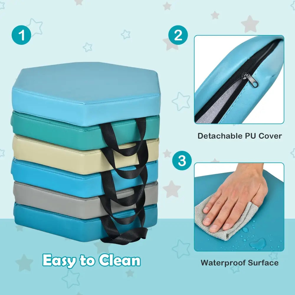 6 Pieces Multifunctional Hexagon Toddler Floor Cushions Classroom Seating with Handles-Blue - Blue - Kids Chairs &