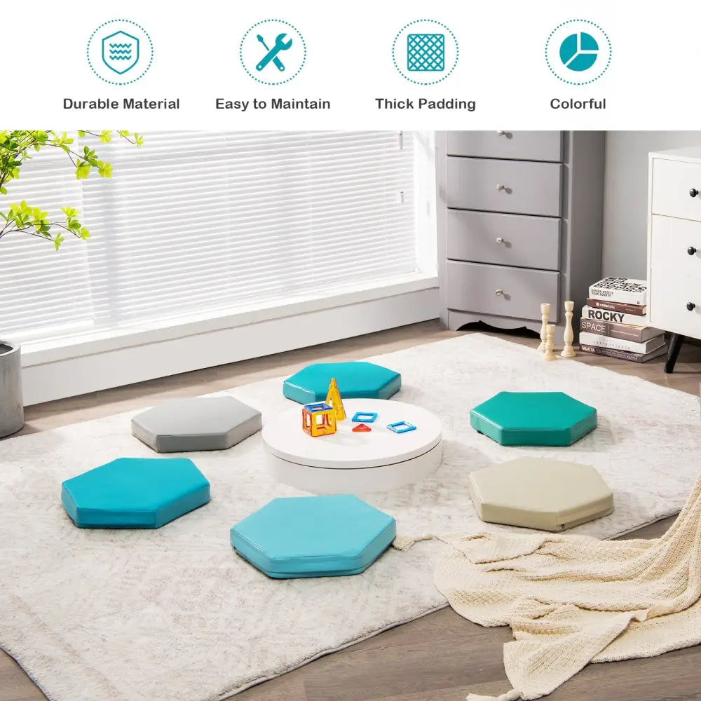 6 Pieces Multifunctional Hexagon Toddler Floor Cushions Classroom Seating with Handles-Blue - Blue - Kids Chairs &