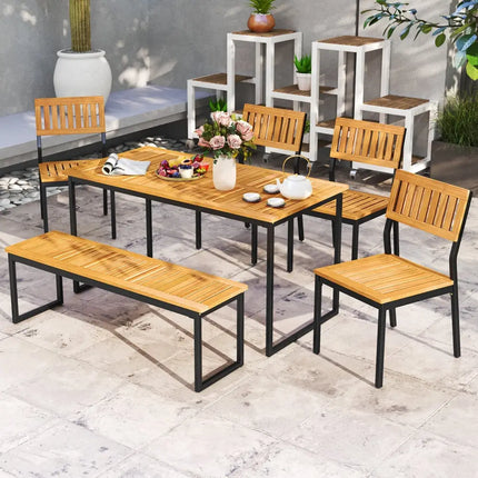 6 Pieces Outdoor Acacia Wood Dining Set with Bench and 2 Inches Umbrella Hole - Patio Dining Sets