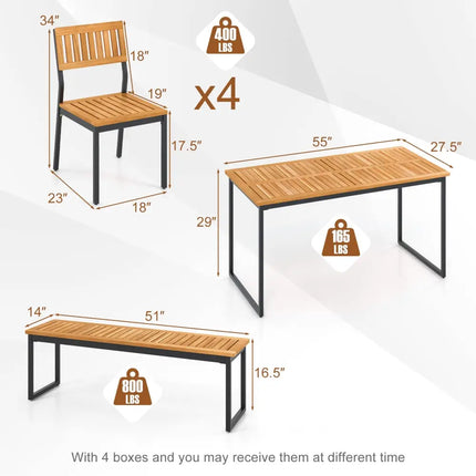 6 Pieces Outdoor Acacia Wood Dining Set with Bench and 2 Inches Umbrella Hole - Patio Dining Sets