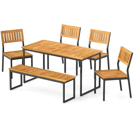 6 Pieces Outdoor Acacia Wood Dining Set with Bench and 2 Inches Umbrella Hole - Patio Dining Sets